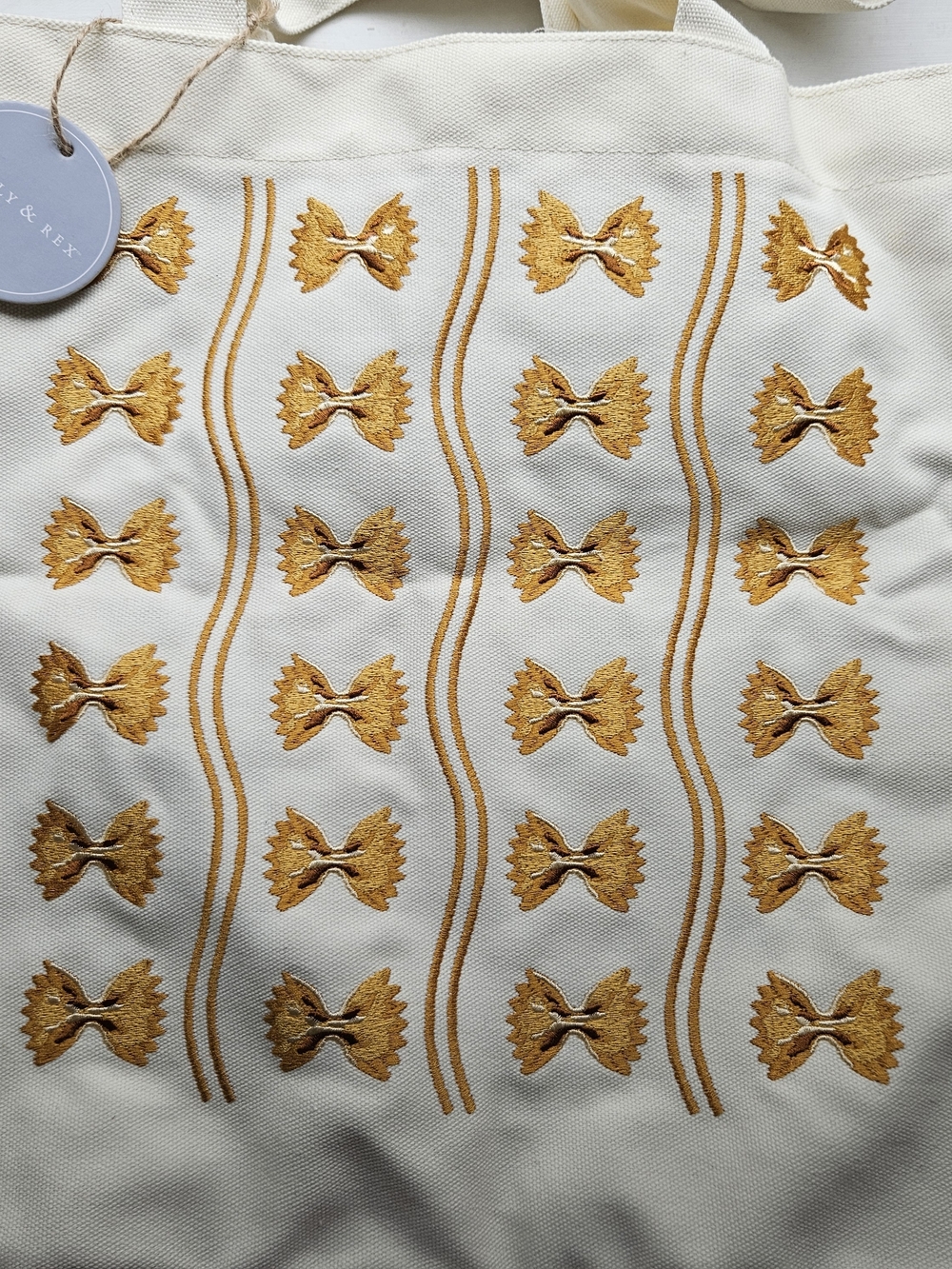 Embroidered Cream Tote with Golden Bowtie Pasta Pattern